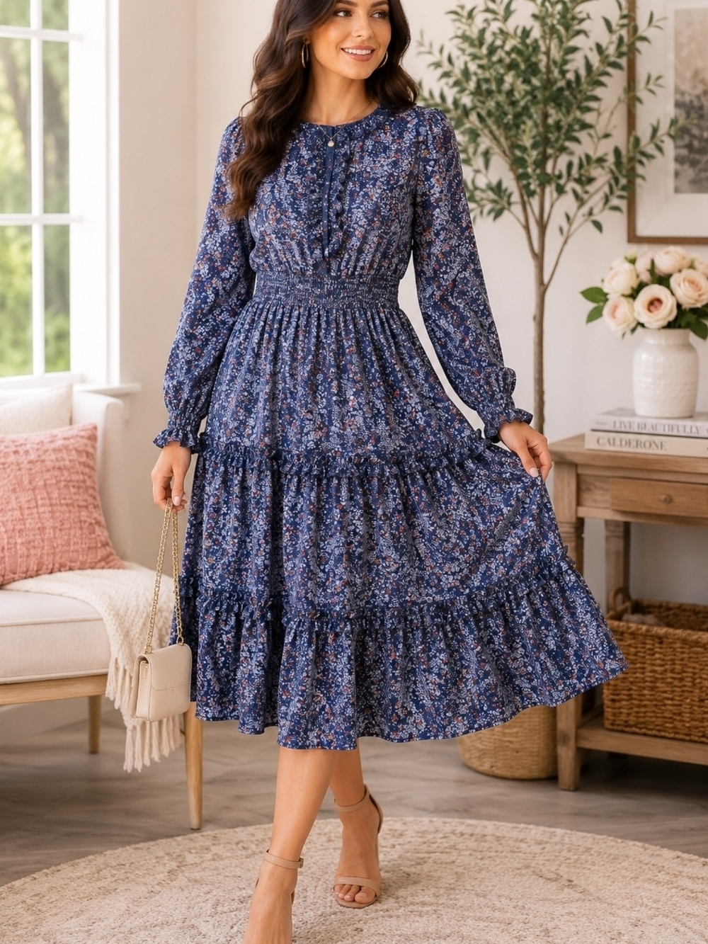 Adina Las Vegas Blue Floral Cottagecore Prairie Smocked Ruffle Midi Dress L - Picture 2 of 15